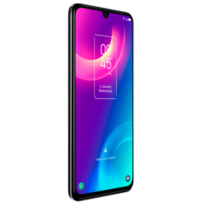 Smartphone preto com ecrã colorido mostrando data e hora