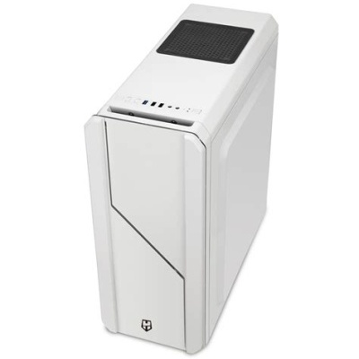 Caixa de computador branca com painel frontal diagonal e grelha preta no topo