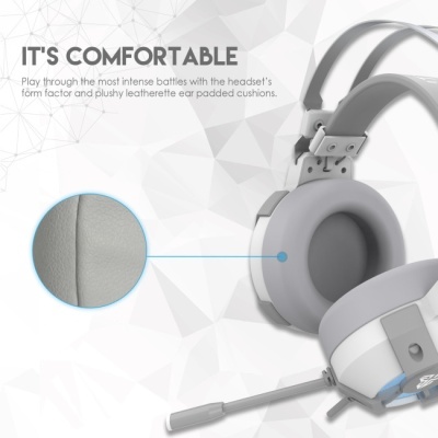 Auricular de gaming cinzento e branco com microfone e almofadas em couro sintético
