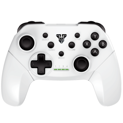 Comando de videojogo branco com botões pretos e marca Fantech