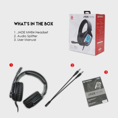 Conjunto de headset preto, divisor de áudio e manual ao lado da caixa do produto JADE MH84