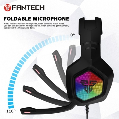 Auricular Fantech preto com microfone dobrável e luzes LED coloridas