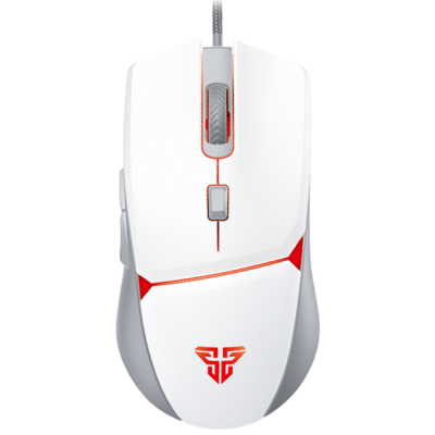 Rato de computador branco com detalhes vermelhos e cinzentos