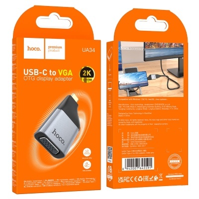 Embalagem laranja de adaptador USB-C para VGA hoco UA34 com acabamento em alumínio cinza