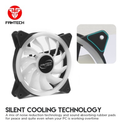 Ventoinha de computador FANTECH branca e preta com texto SILENT COOLING TECHNOLOGY