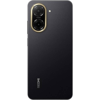 Smartphone Redmi preto com duas câmaras traseiras e aro dourado