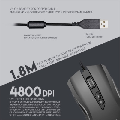 Rato de computador preto com cabo USB trançado e texto promocional em fundo cinza
