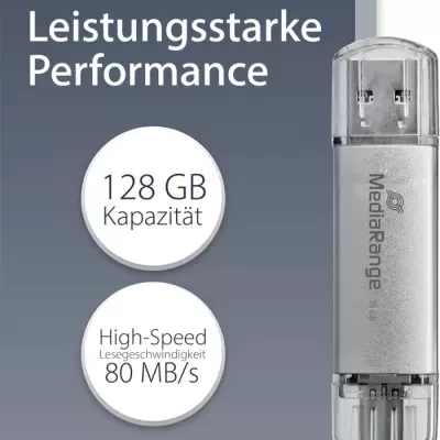 Pen USB MediaRange com 128 GB e texto sobre desempenho em alemão