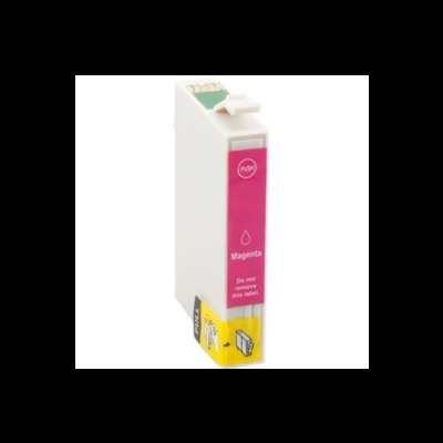 Cartucho de tinta magenta para impressora com etiqueta rosa e corpo branco.