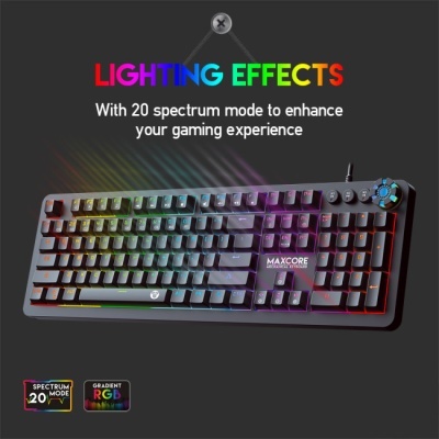 Teclado mecânico preto com iluminação RGB e texto promocional em fundo escuro