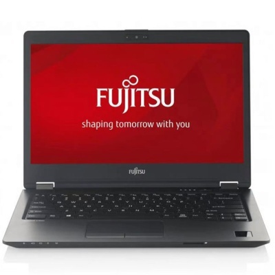 Portátil Fujitsu aberto com ecrã vermelho e teclado preto