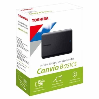 Caixa branca e verde de disco externo portátil Toshiba Canvio Basics