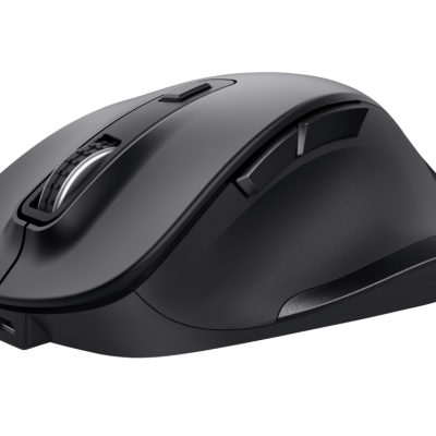 Rato de computador preto com roda de scroll e botões laterais