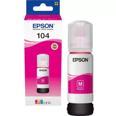 Tinta Epson 104 magenta com embalagem branca e rosa