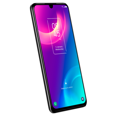 smartphone preto com ecrã colorido e data e hora visíveis