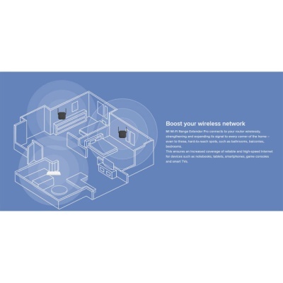 Esquema de planta de casa com extensores de rede wireless e texto explicativo em fundo azul.