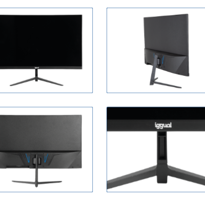 Monitor de ecrã plano preto com suporte em forma de V e logótipo iggual visível