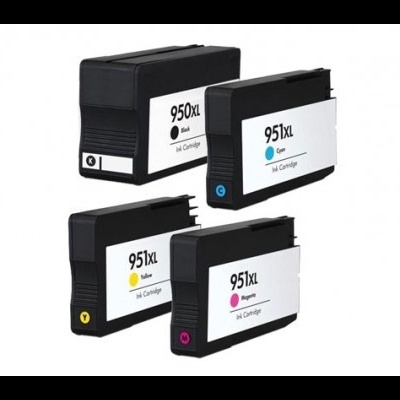 Conjunto de quatro tinteiros para impressora com diferentes cores e etiquetas