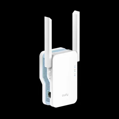 Extensor Wi-Fi cudy branco com quatro antenas e luzes azuis