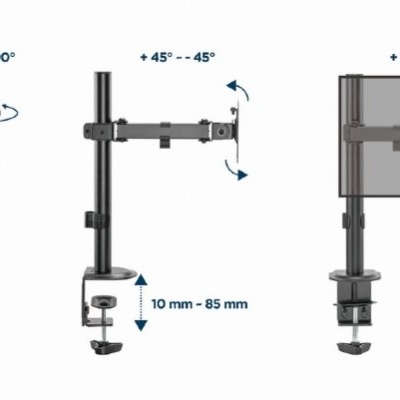 Suporte articulado para monitor preto com fixação de mesa ajustável e ângulos de rotação indicados.