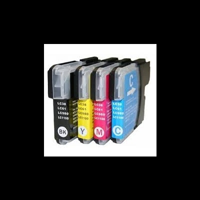 Conjunto de quatro tinteiros coloridos para impressora com etiquetas pretas.