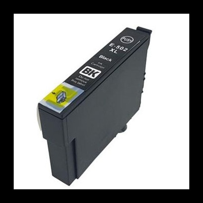 Cartucho de tinta preto E-502 XL para impressora, com etiqueta preta e amarela.