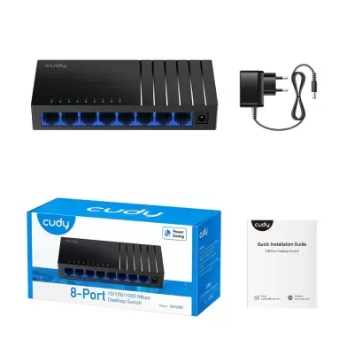 Switch de secretária Cudy preto com 8 portas e acessórios