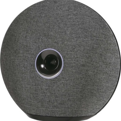 Coluna de som portátil circular cinzenta com entrada côncava preta central