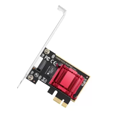 Placa de rede PCIe com dissipador térmico vermelho e conector RJ45