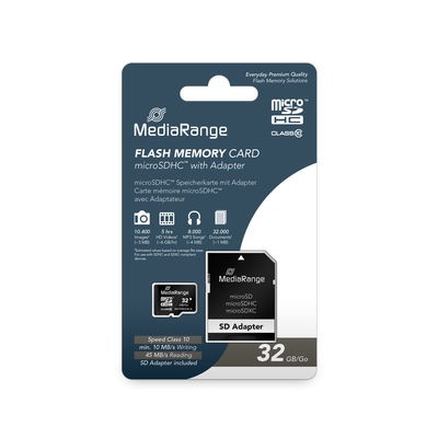 Cartão microSDHC MediaRange 32GB com adaptador em embalagem azul e branca