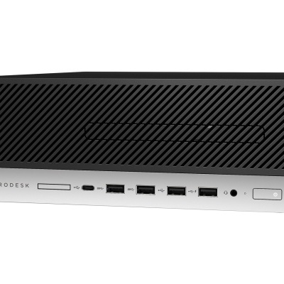 Computador desktop HP ProDesk preto e prata com várias portas USB à frente