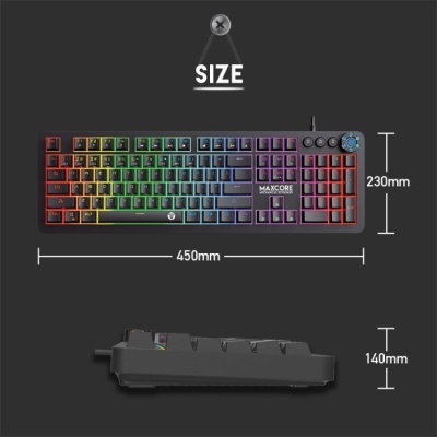 Teclado MAXCORE RGB com medidas em milímetros da largura, altura e profundidade