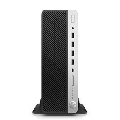 Computador HP ProDesk preto e prateado, vista frontal com portas USB e botão de ligar