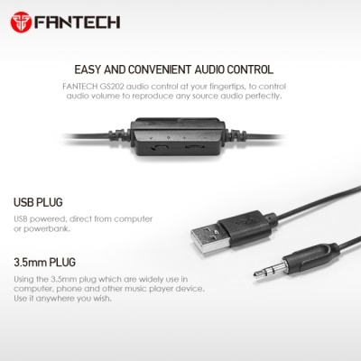 Cabo de áudio FANTECH GS202 com controlo integrado, plug USB e 3,5 mm, texto explicativo em fundo branco