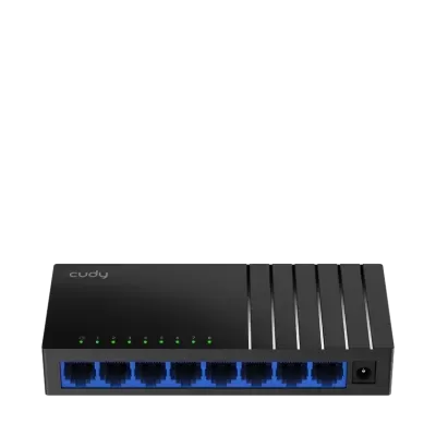 Switch de rede Cudy preto com oito portas Ethernet azuis e luzes LED verdes