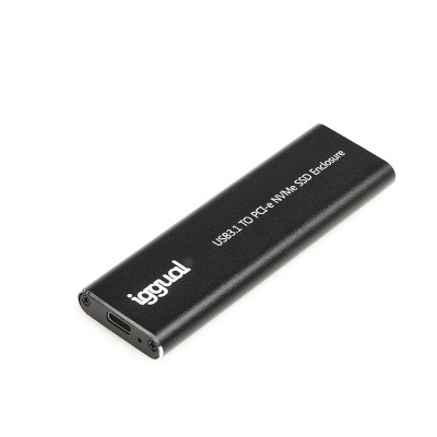 Caixa preta para SSD com texto branco e porta USB-C