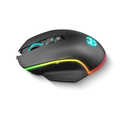 Rato gaming preto com iluminação RGB e botões adicionais