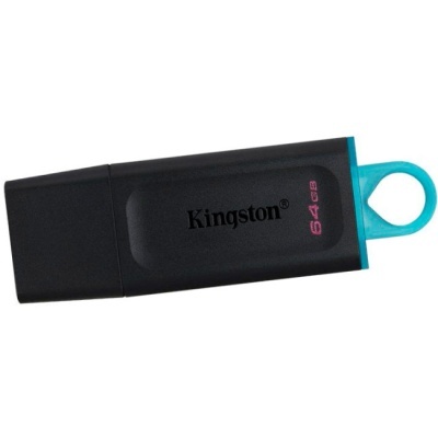 Pen drive Kingston 64 GB preto com ponta azul turquesa em fundo branco