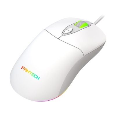 Rato de computador branco com fios e detalhes verde neon