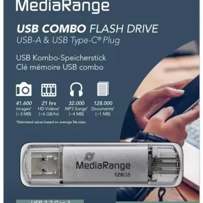 Pen USB MediaRange 128GB com USB-A e USB Type-C na embalagem