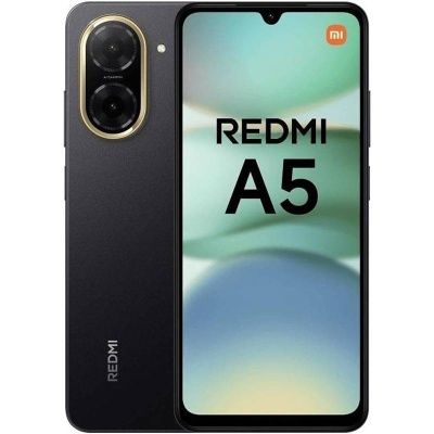 Telemóvel Redmi A5 preto mostrando frente e verso com texto no ecrã