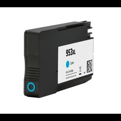 Cartucho de tinta 953XL ciano com etiqueta branca e detalhes azuis.