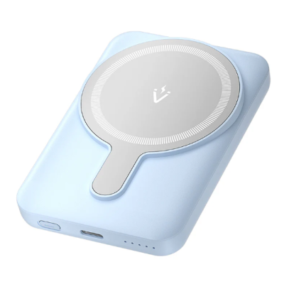 Carregador portátil azul claro com área circular prateada e indicadores LED