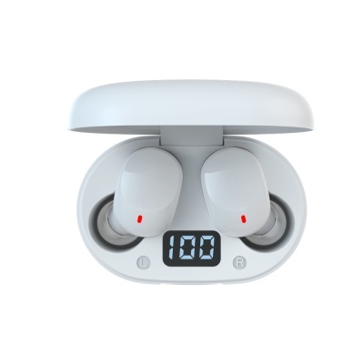 Auriculares sem fios brancos com estojo de carregamento e display digital