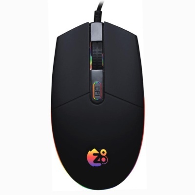 Rato de computador preto com detalhes coloridos e botão DPI