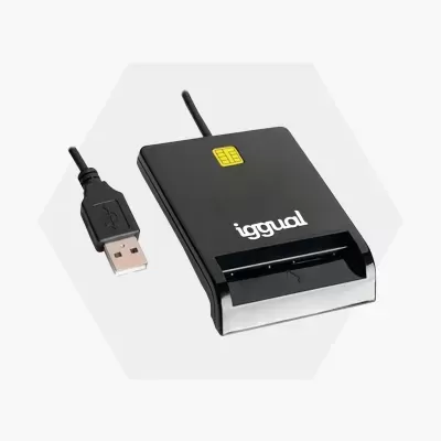 Leitor de cartões SIM preto com cabo USB e conector USB tipo A