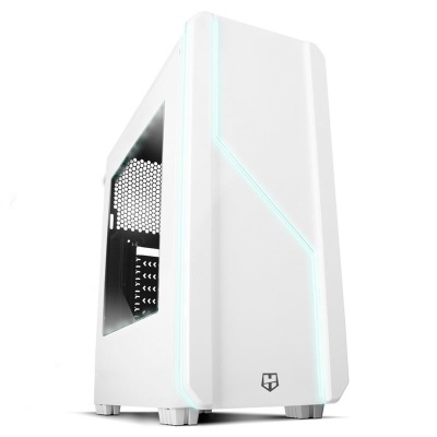 Caixa de computador branca com iluminação LED azul e janela lateral