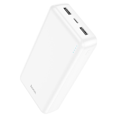 Carregador portátil branco com duas portas USB e luzes LED azuis