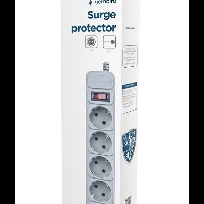 Tomada múltipla Gembird cinza com seis entradas e interruptor em embalagem branca