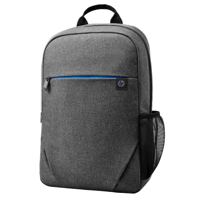 Mochila cinzenta com bolso frontal e fecho azul